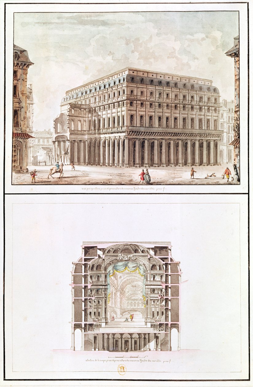 Theater de Varietesの外観と内部の断面図、6 rue de Richelieu 作： フランス語学校