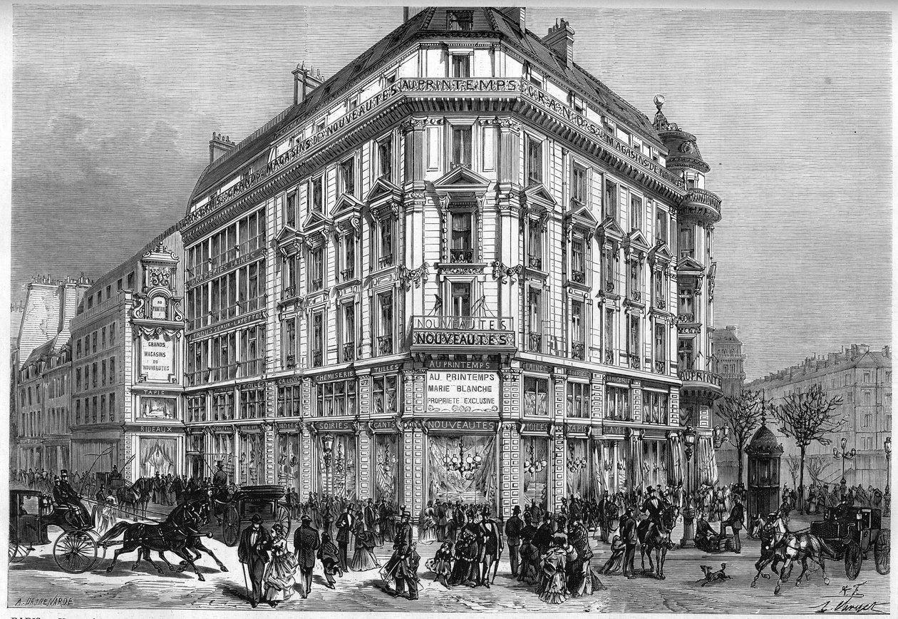 1874年、「ウィーンのエレベーター」が完成した日の、パリのプランタンの新店舗の外観。1874年3月28日付「Le Monde Illustré」885号に掲載された図版。 作： フランス語学校