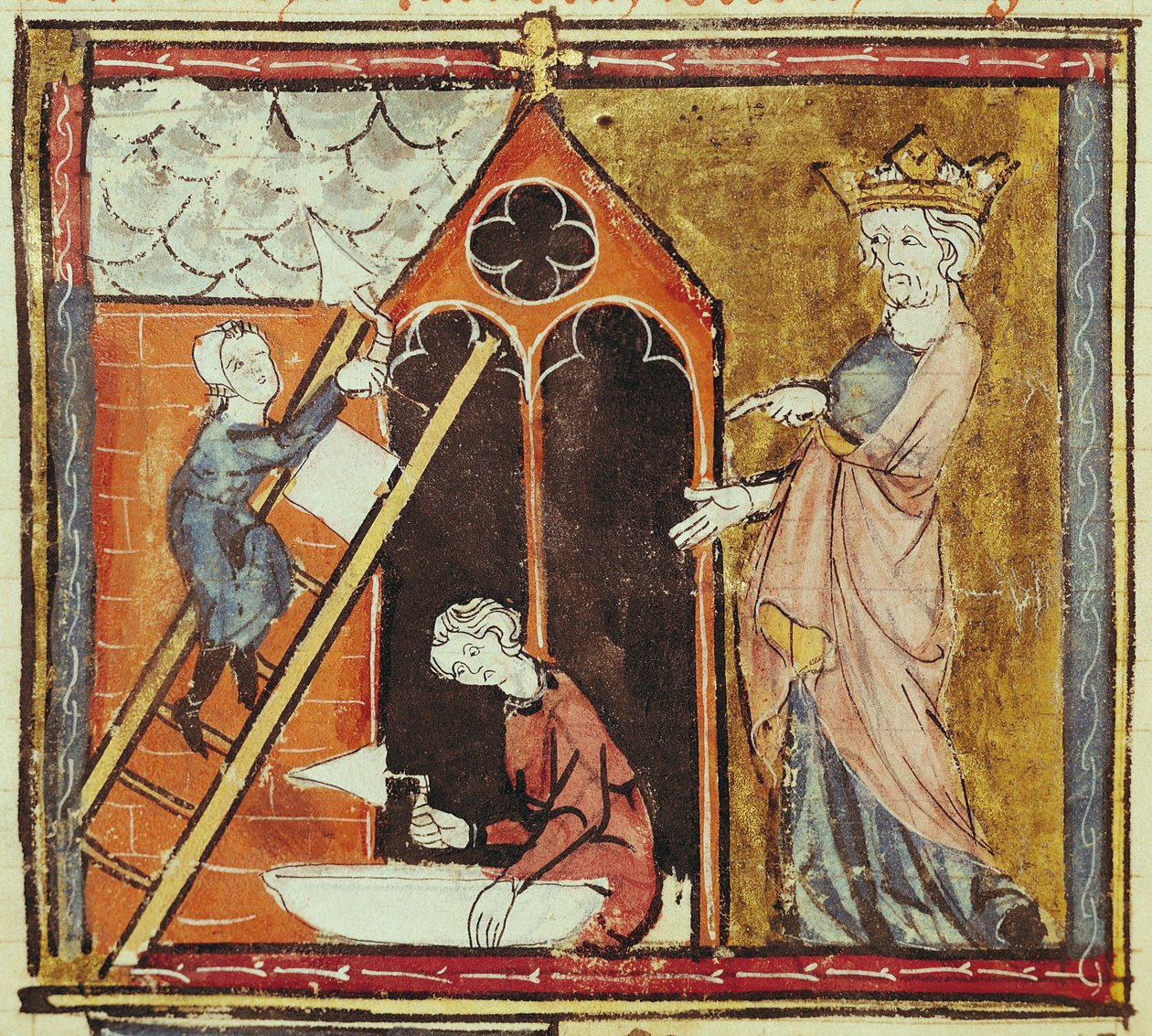 F.235vルイ6世（1080-1137）教会の建設を見守る、グランクロニクドフランス1375-79 作： フランス語学校