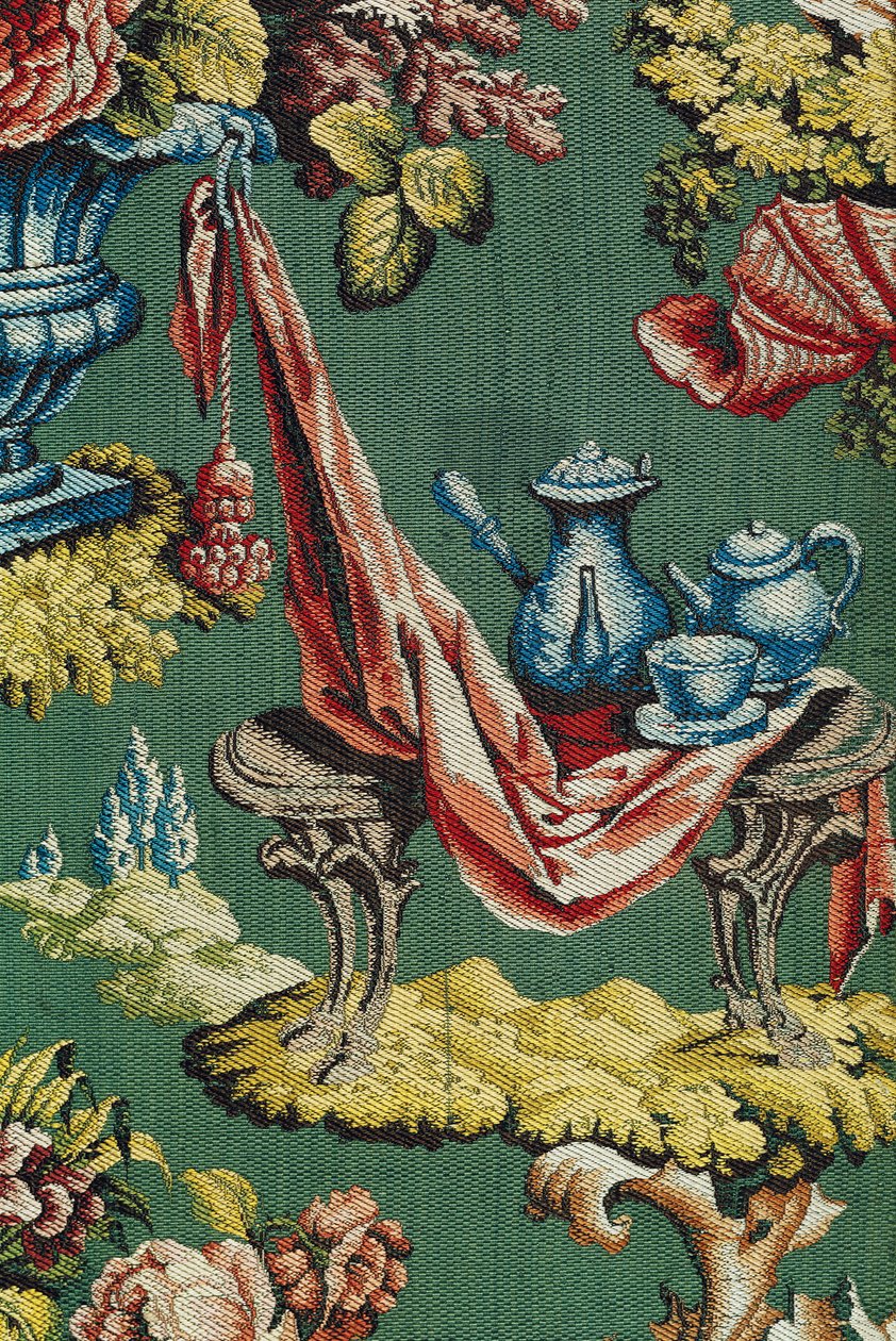 チョコレートポットとティーポットを描いた布地、リヨンワークショップ、c.1730（シルク） 作： フランス語学校