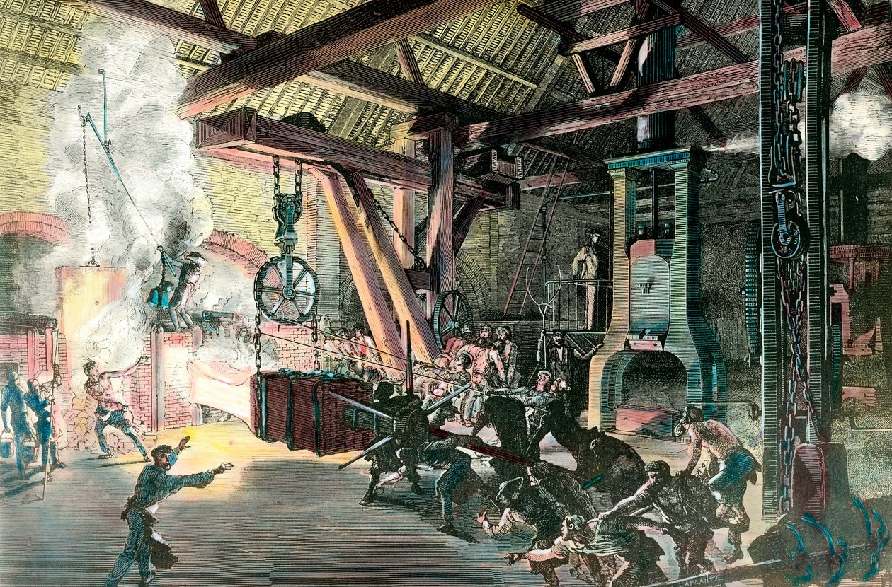 工場です。"Le hamteau drummer (hammer-drummer) des forges du Creusot in 1865" 1865年頃のエングレーヴィング。個人蔵 作： フランス語学校