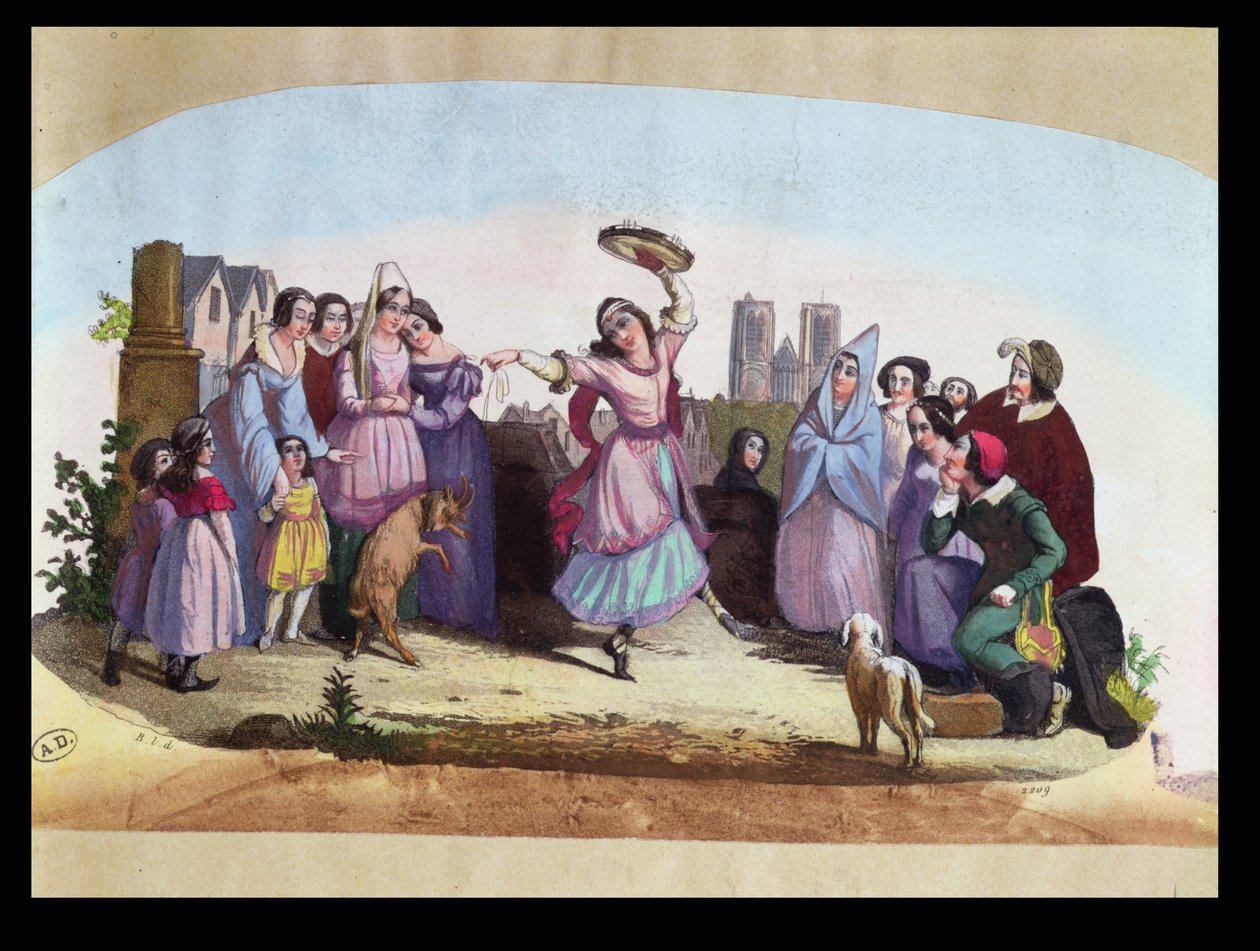ヴィクトルユーゴー（1802-85）c.1836の小説に続き、ルイーズアンジェリークベルタン（1805-77）のオペラ 『エスメラルダ』のシーンを描いたファンのデザイン。 作： フランス語学校