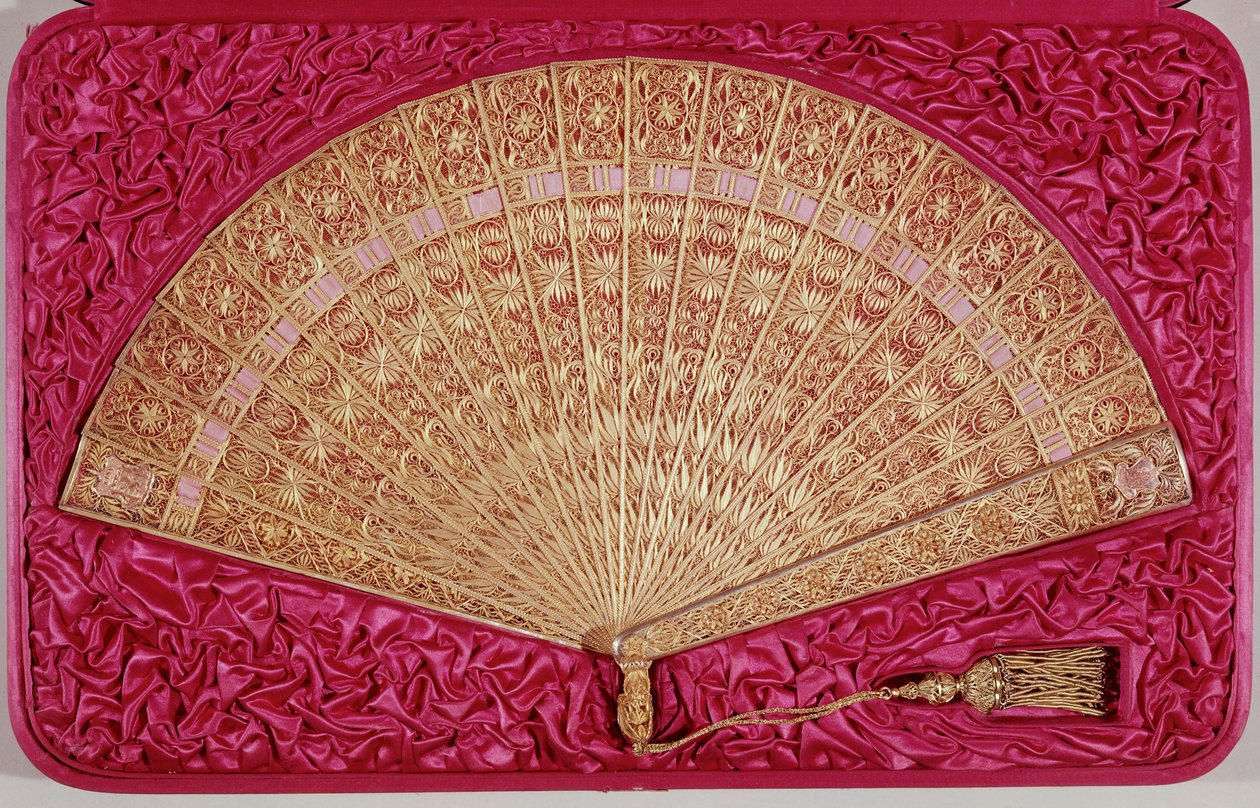 メキシコの皇帝、ハブブールロレーヌのマクシミリアン（1832-67）が、ベルギーの金色のフィリグリーである彼の妻シャルロット（1840-1927）に贈ったファン 作： フランス語学校