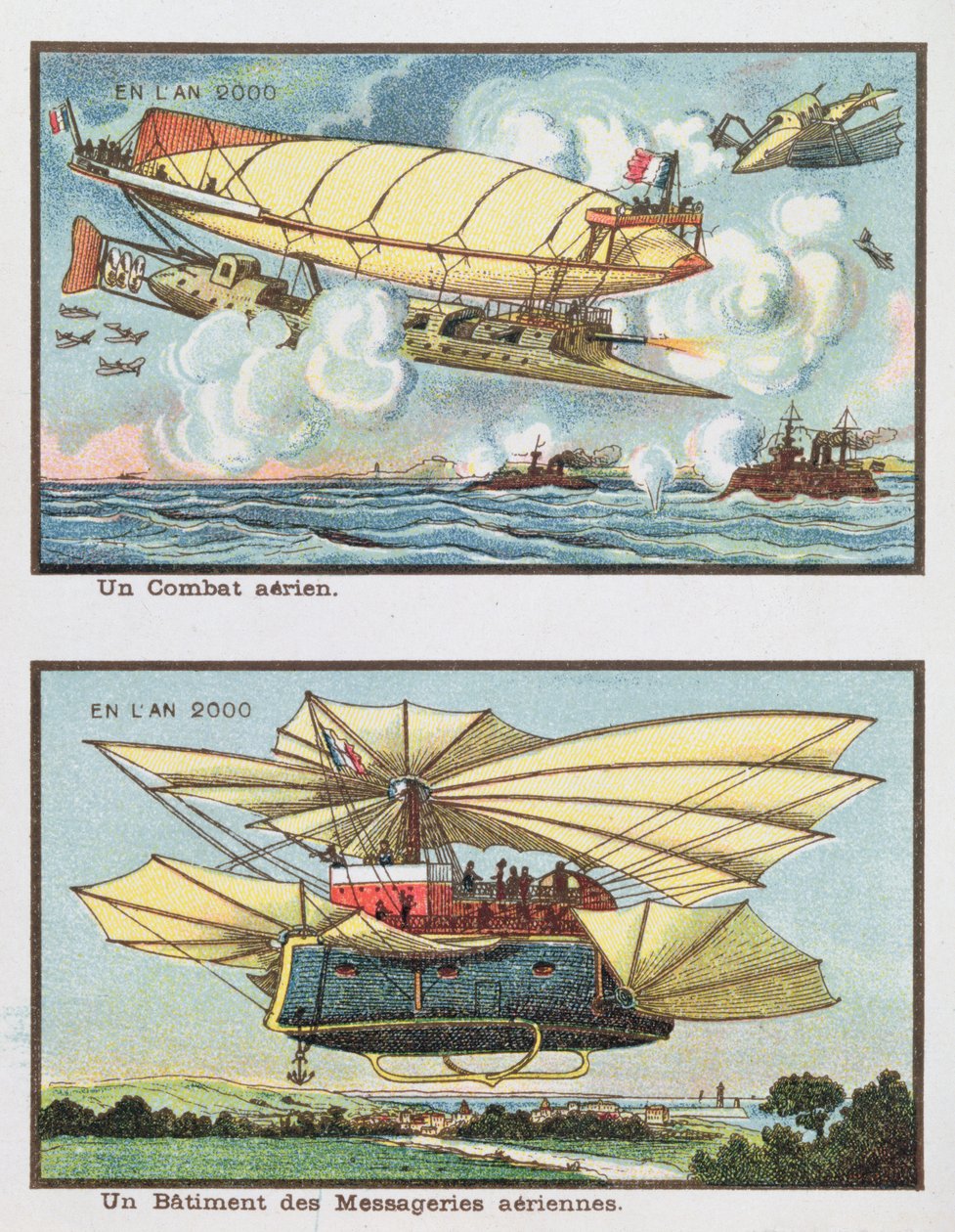 空中戦と2000年の貨物輸送用航空機の幻想的な描写、1910年頃 作： フランス語学校