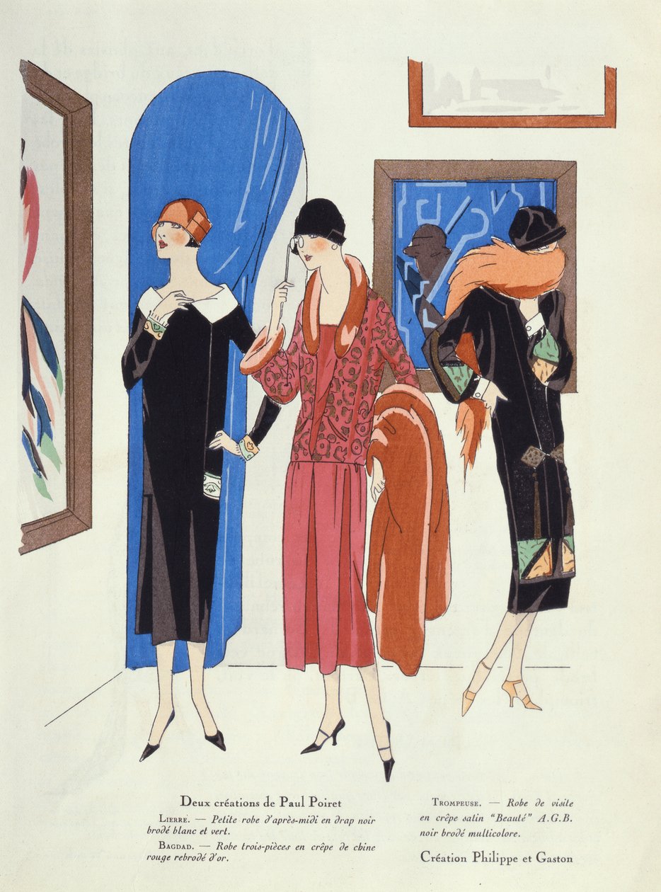 Art、Gout、Beaute、1925年の雑誌から、Paul PoiretとPhilippe et Gastonによるアートギャラリーの訪問者向けのファッションデザイン 作： フランス語学校