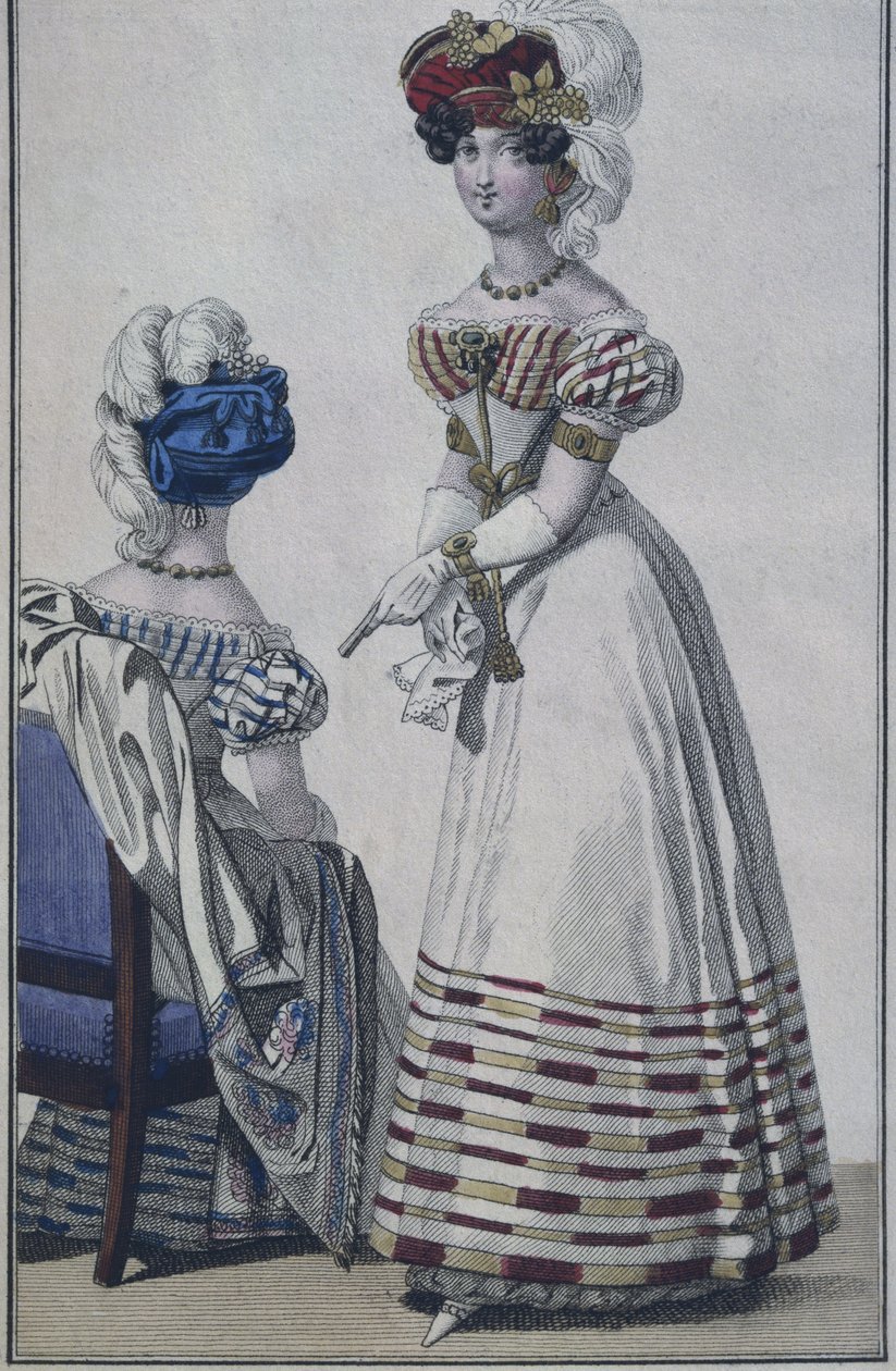 ファッションプレート、パリ、ルプティクーリエデダムのイラスト、1820年頃（カラー彫刻） 作： フランス語学校