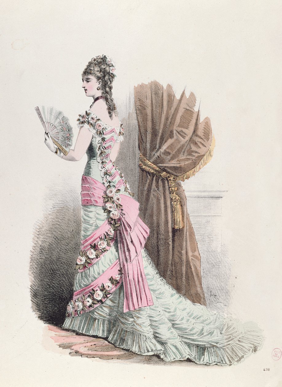 イブニングドレスとファンを持つ女性のファッションプレート、1877年（カラー彫刻） 作： フランス語学校