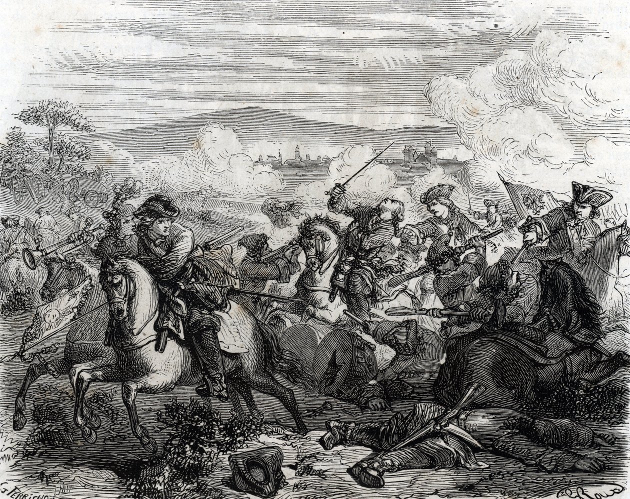 1706年トリノの戦いで瀕死の重傷を負ったフェルディナン・ド・マルサン(エングレービング) 作： フランス語学校