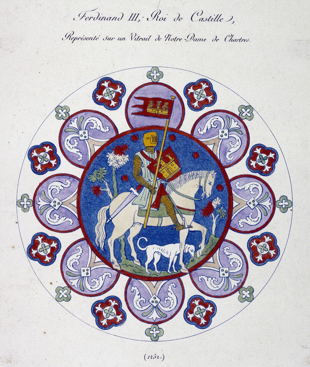 シャルトルのノートルダム寺院のステンドグラス（1252年）に描かれたカスティーリャ王フェルナン3世。大学の模写。 作： フランス語学校