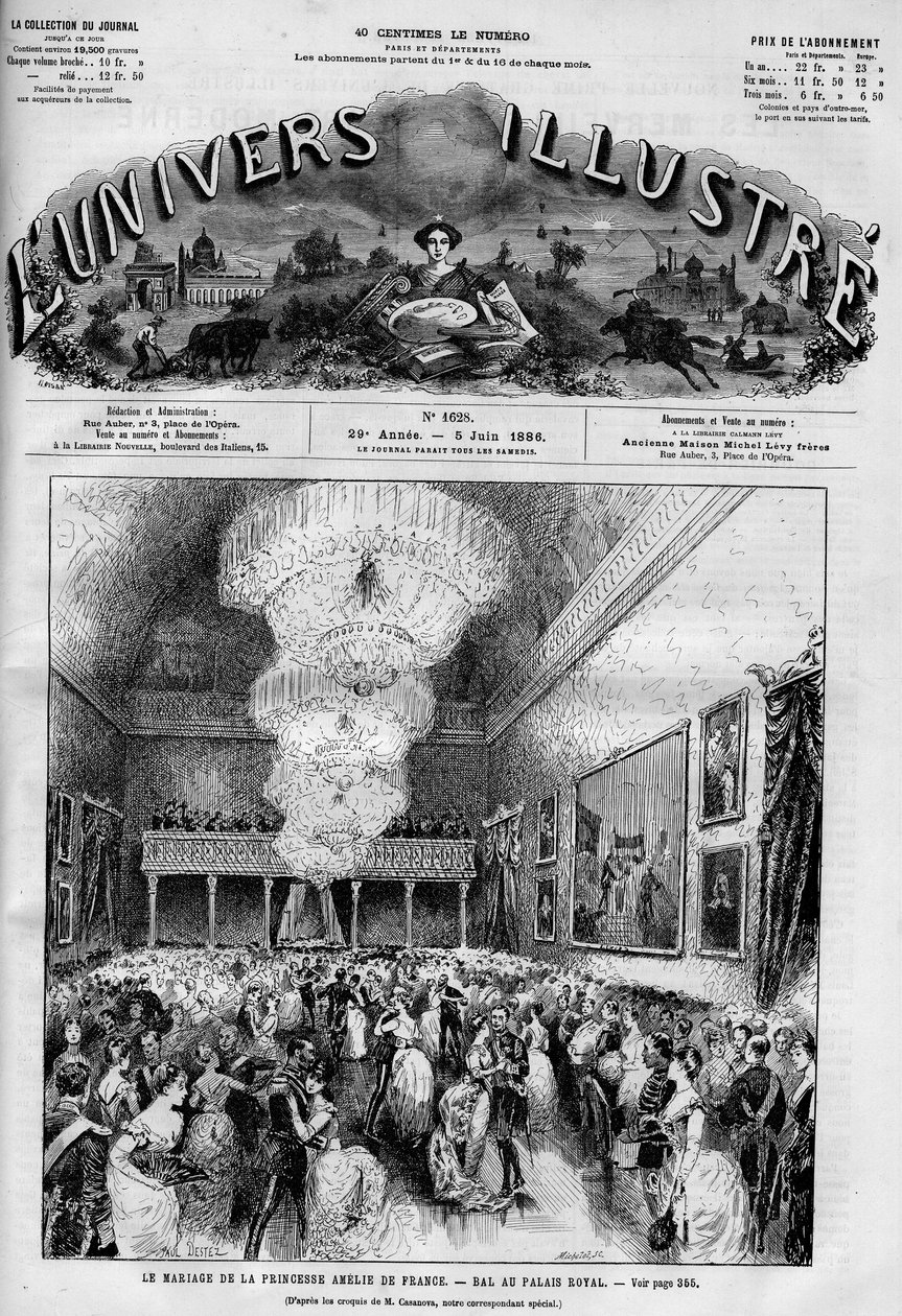 1886年、パリのパレ・ロワイヤルで行われたマリー・アメリー・ドルレアン王女（1865-1951）とシャルル・フェルディナン・ド・ブラガンス公爵（1863-1908）の結婚式のフェット。彼はポルトガル国王シャルル（カルロス）1世となった。ある新聞。Le Monde Illustré」に掲載されたエングレーヴィング、ジュ 作： フランス語学校