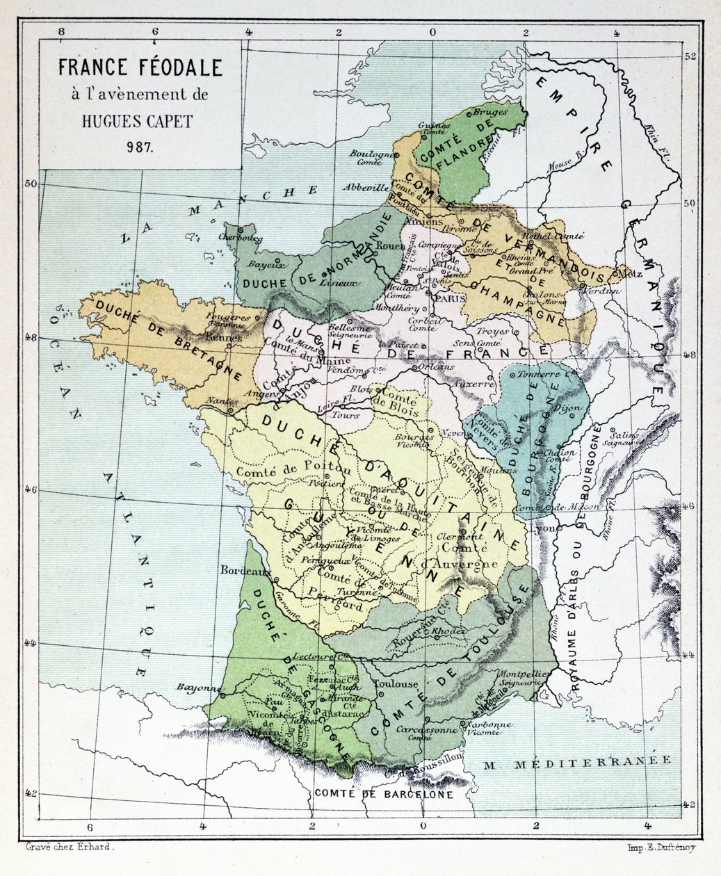 987年のフグカペットの加盟時の封建時代のフランス、フランスの歴史史c.1880に示された地図 作： フランス語学校