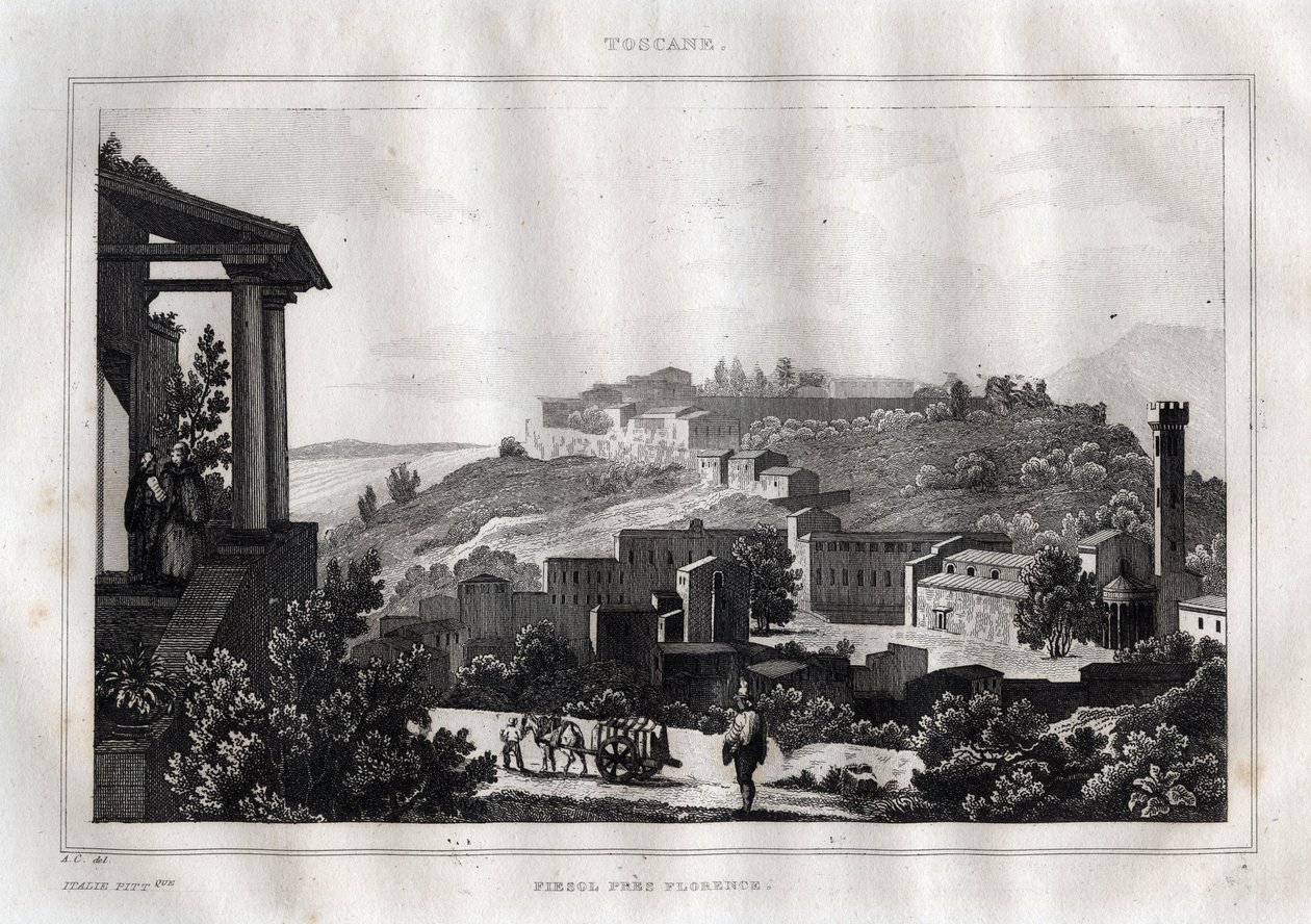 フィエーゾレ - トスカーナ - M. de Norvins, Ch. Nodier 1834-1836による "Picturesque Italy "からのエングレーヴィング。 作： フランス語学校