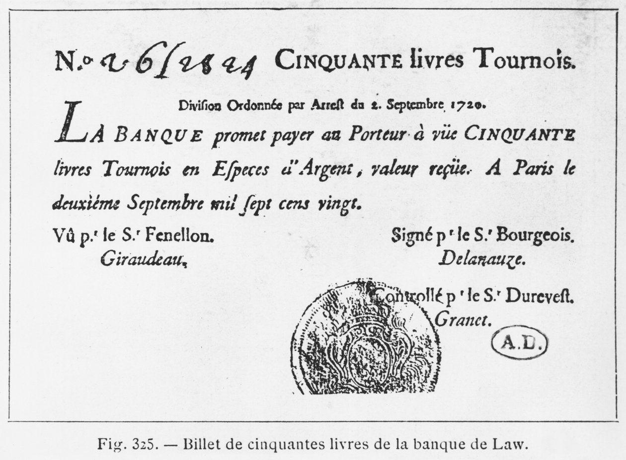 1720年9月2日付のローバンクの50ポンドフランス紙幣 作： フランス語学校