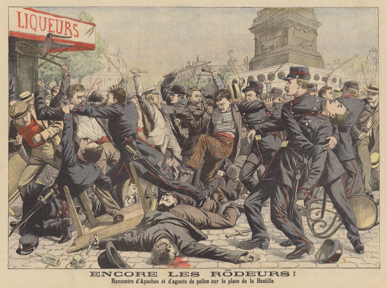 パリのバスティーユ広場でのアパッチ族と警察の戦い（カラーリトグラフ） 作： フランス語学校
