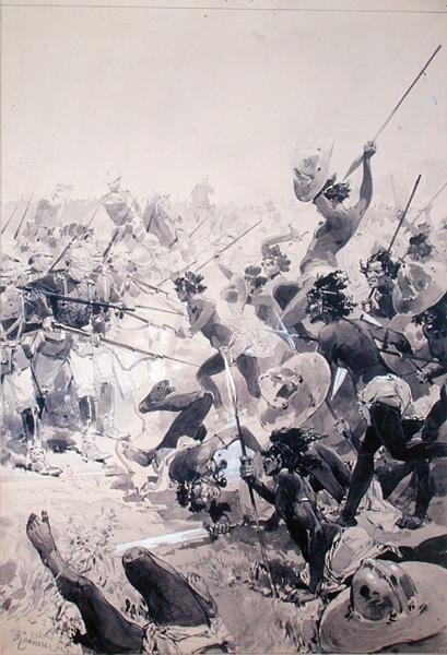 ズールー族とイギリス兵の戦い 1878年頃 （水彩・紙） 作： フランス語学校