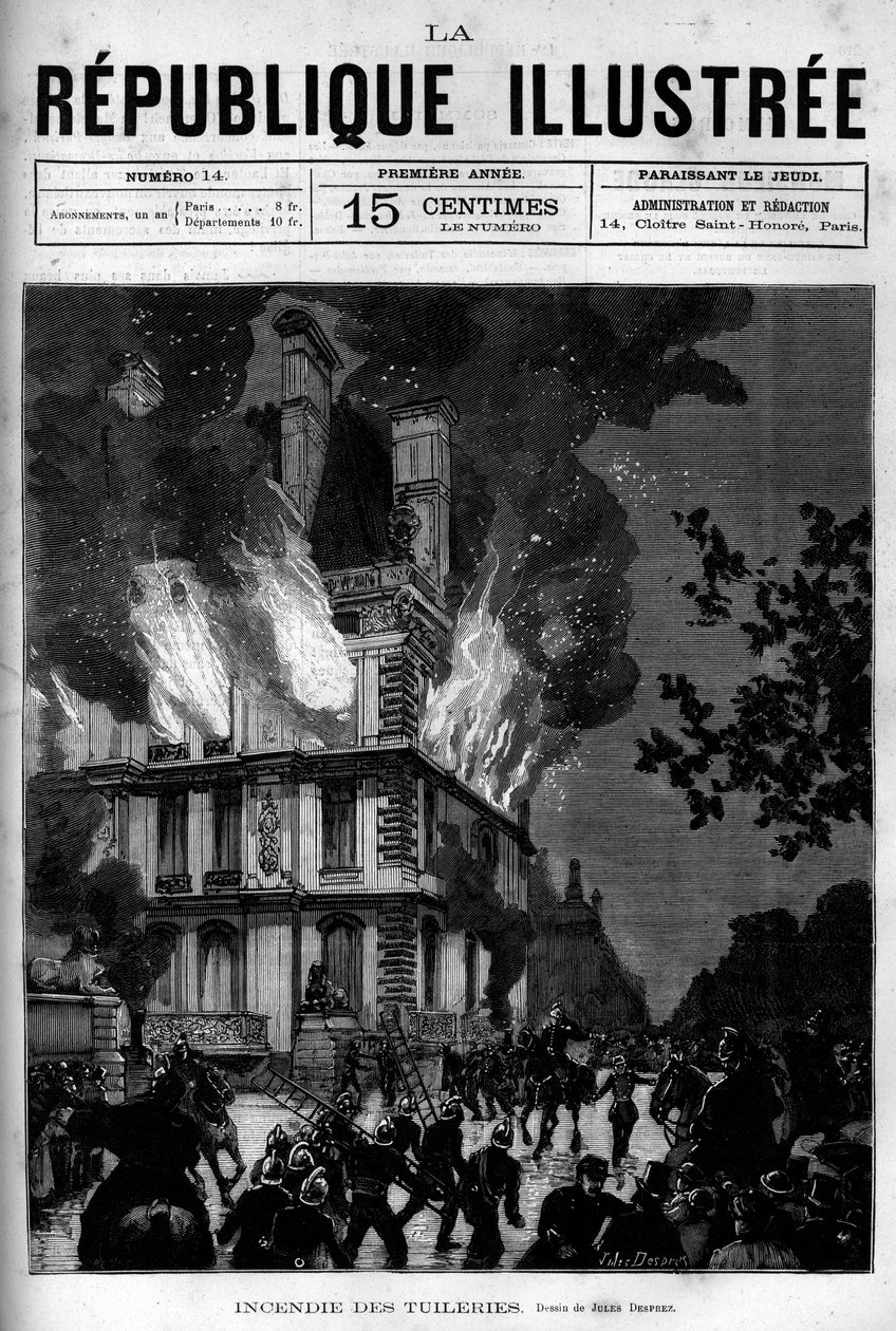 パリのチュイルリー宮殿のフローレ館の火災。新聞である。La republique illustree "の個人コレクションにある1880年のエングレーヴィング。 作： フランス語学校