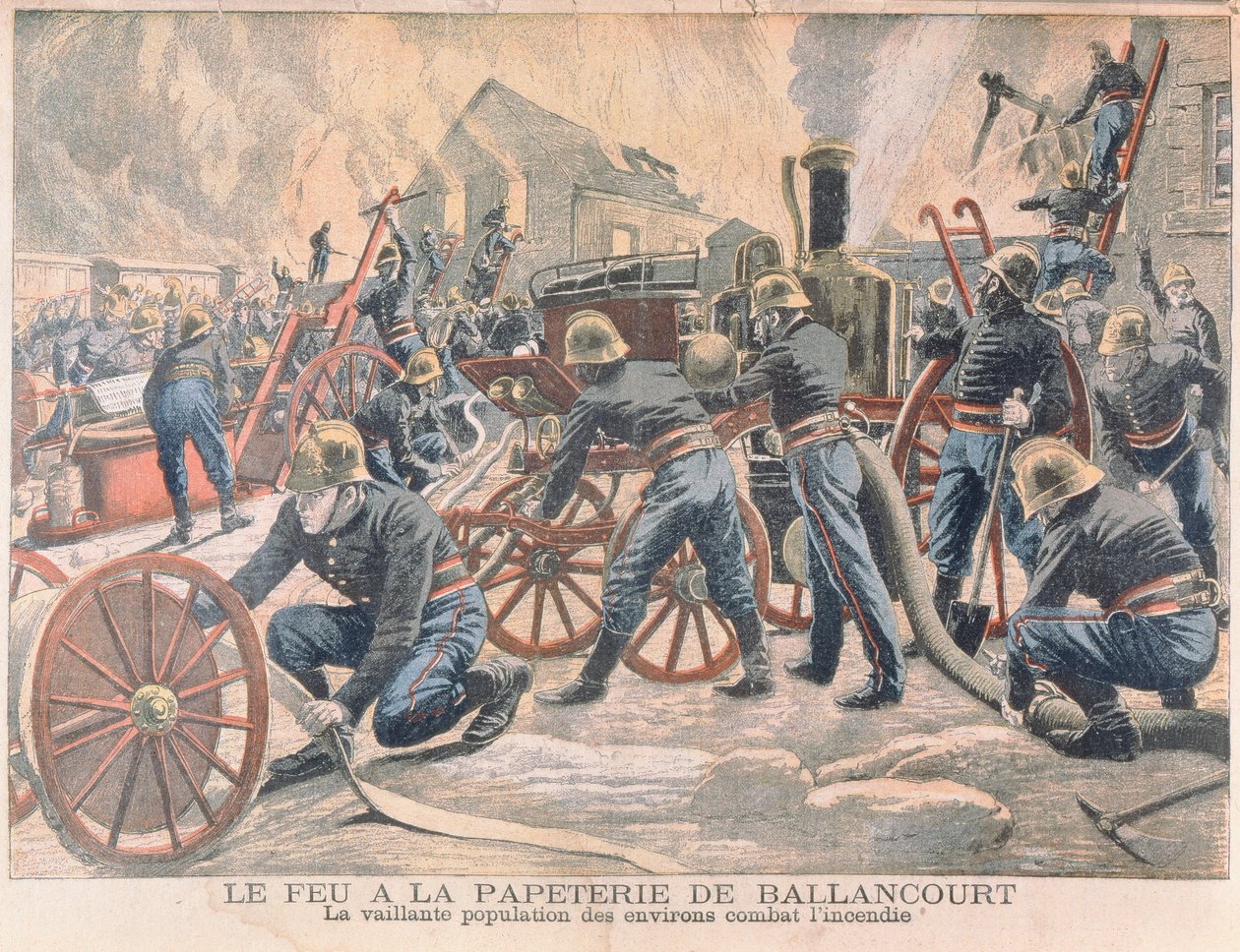 1905年のルプティジャーナルより、バランクールの製紙工場で消防士が消火活動を行った 作： フランス語学校