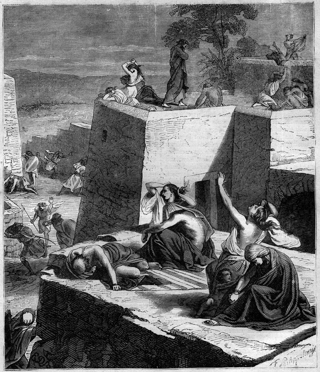 第一回十字軍（1096〜1099年）。ドイツ十字軍はハンガリー人を打ち破り、都市に火を放った。モーリス・ラシャトレ著「Histoire des Papes-Rois-Queen and Empereurs a travers les centuries」に掲載されている図版 作： フランス語学校