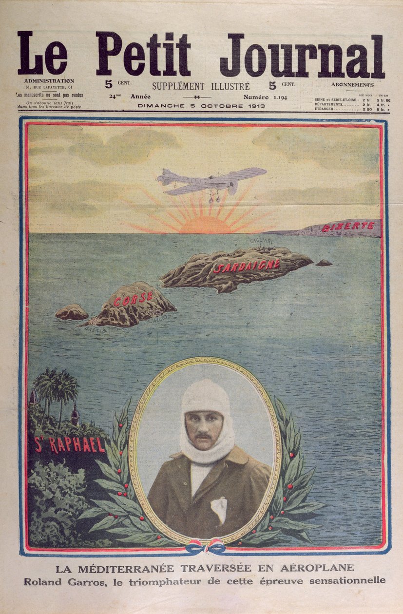 1913年9月23日の地中海の最初の横断、1913年10月5日のルプティジャーナルの表紙イラスト 作： フランス語学校