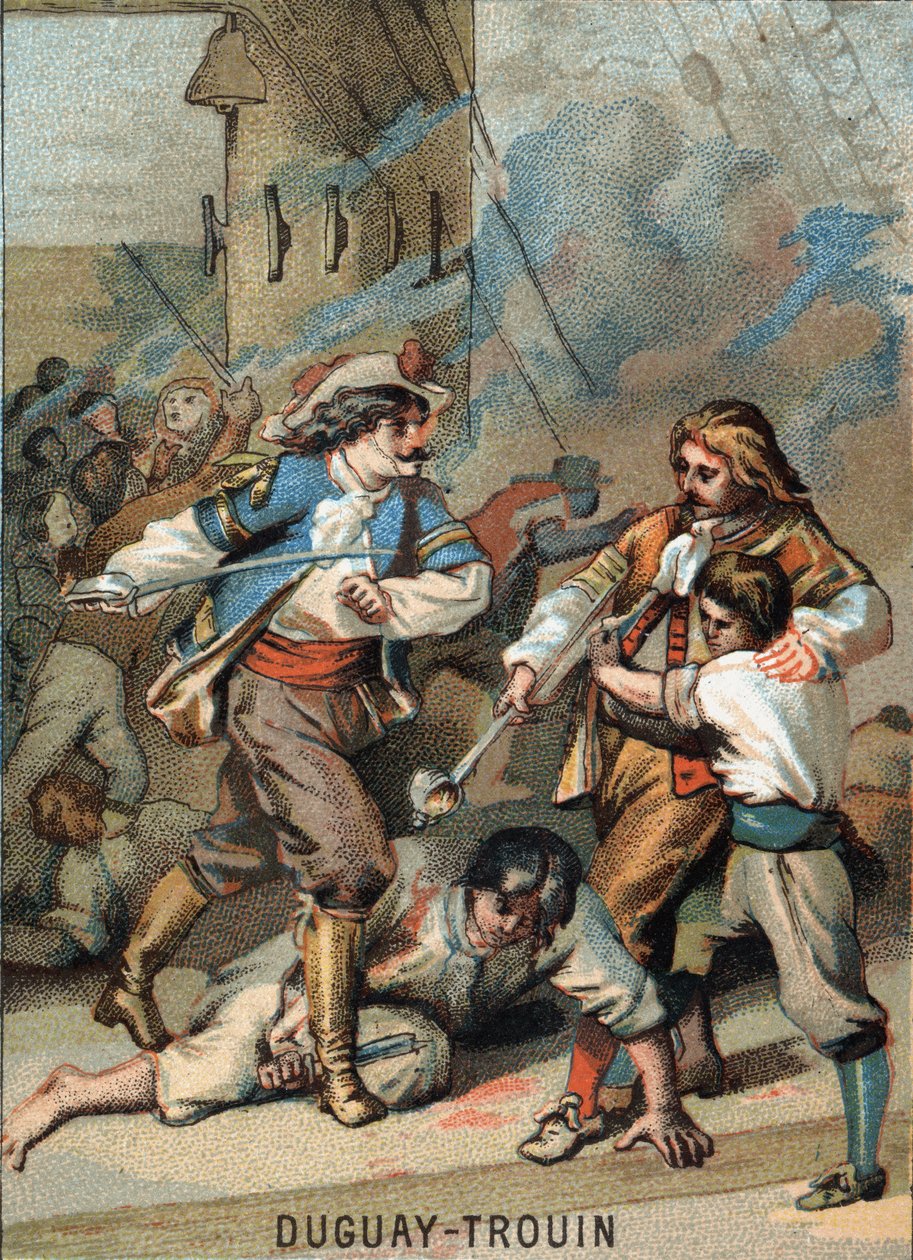 Rene Duguay Trouin (Duguay-Trouin) (Rene Trouin du Gue dit) (1673-1736)の最初の偉業、フランスの船乗り。Duguay - Trouin combattant Wassenaer（1695年）。シリーズ「映像による愛国教育」のクロモリトグラフ。 作： フランス語学校