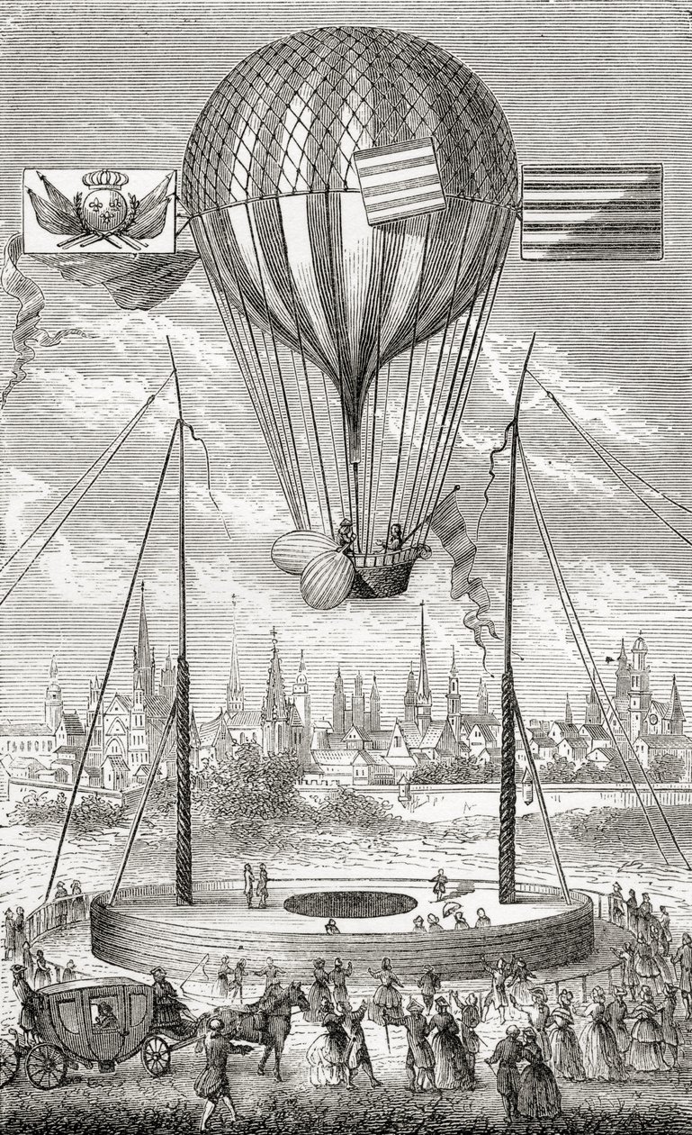 1784年に出版されたフルジェンスマリオンによる「素晴らしいバルーンアセントまたは空の征服」からの1784年6月12日のディジョンからの飛行可能な気球を使った最初の飛行 作： フランス語学校