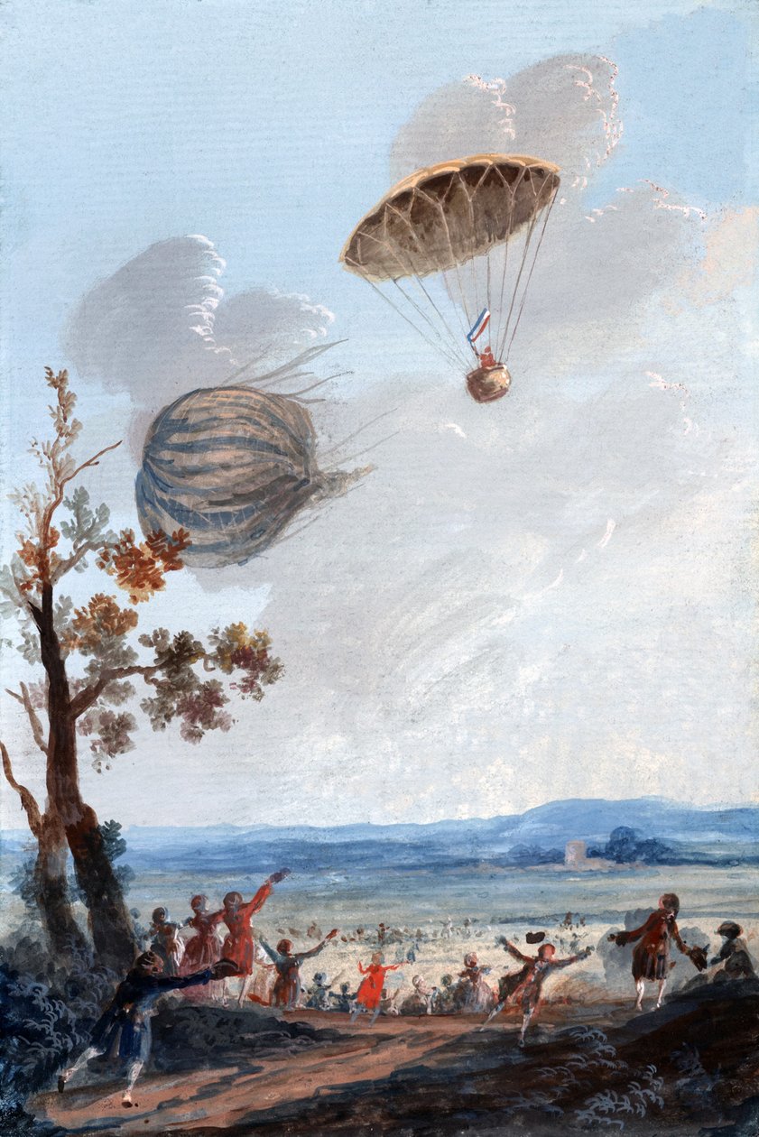 1797年10月22日、パリのモンソー公園でパラシュートで降下した最初の男、1797年 作： フランス語学校