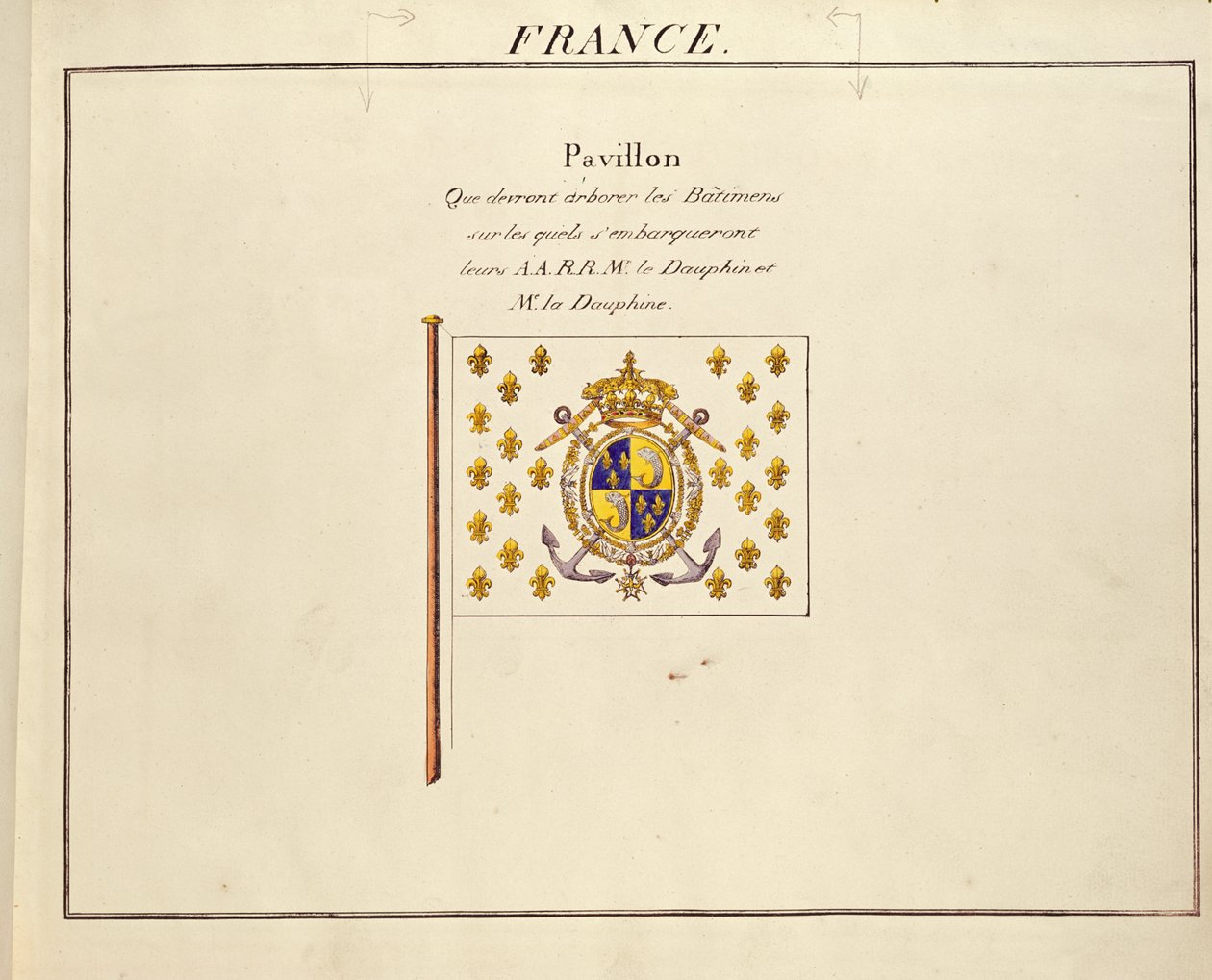 Pavillons des Puissances Maritimesのドーフィンとドーフィン、ルイアントワーヌ、マリーテレーズの旗、1815〜30年頃（カラー彫刻） 作： フランス語学校