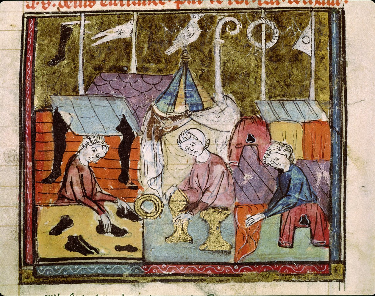 Fol.122vセントデニス近くのレンディフェアでの商人、Grandes Chroniques de France、1375-79 作： フランス語学校