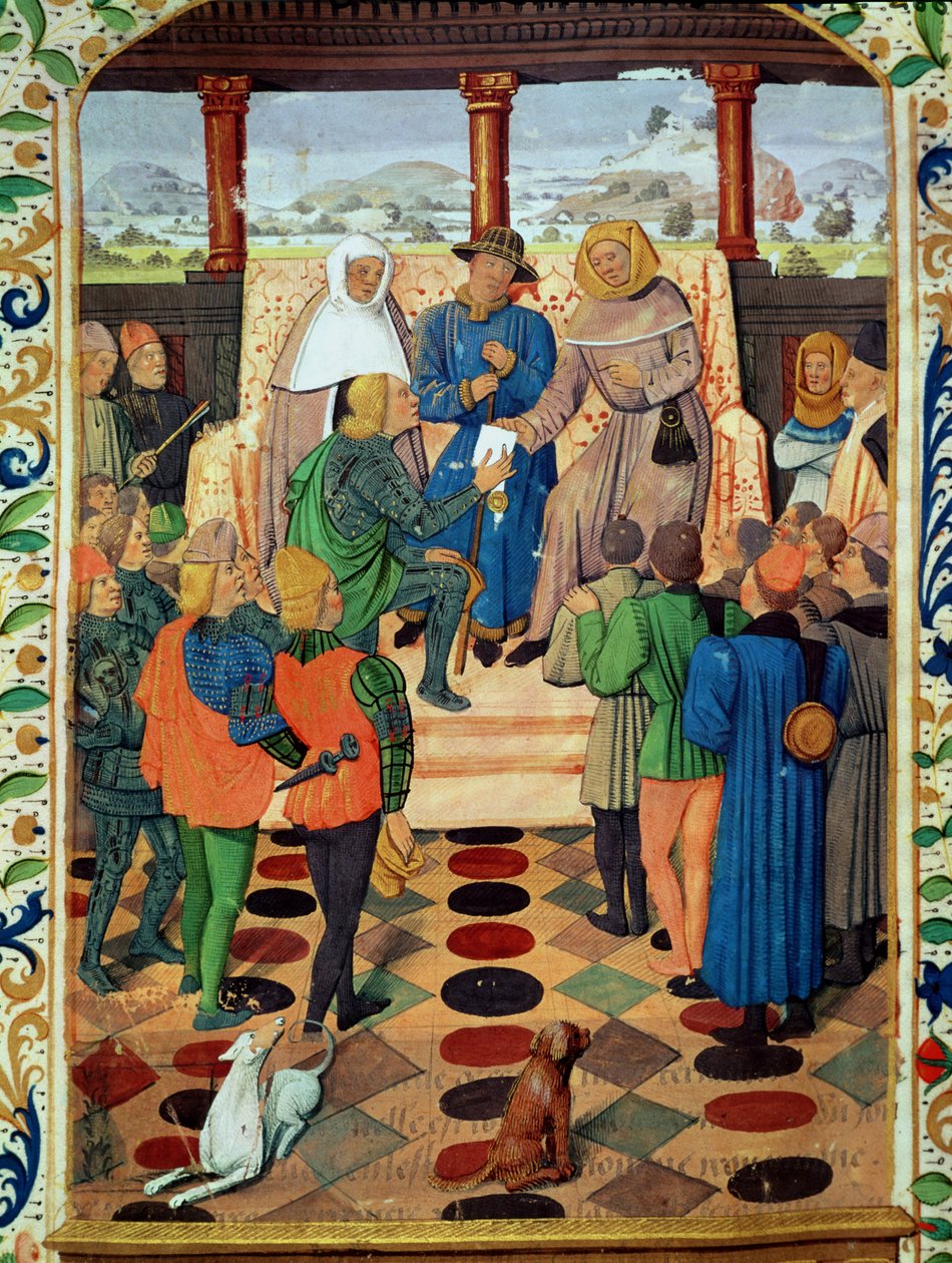 Fol.185vシャルル7世（1403-61）ジャンドブイユ（1405-78）によるルジュヴェンセルからジャンヌダルク（1412-31）への文書の提出 作： フランス語学校