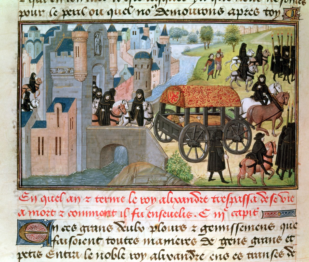 Fol.305vアレクサンドル大王（紀元前356〜323年）が亡くなり、埋葬された方法（ジャンヴォクエリンの原稿から、グランドアレクサンドルの歴史、1460年） 作： フランス語学校