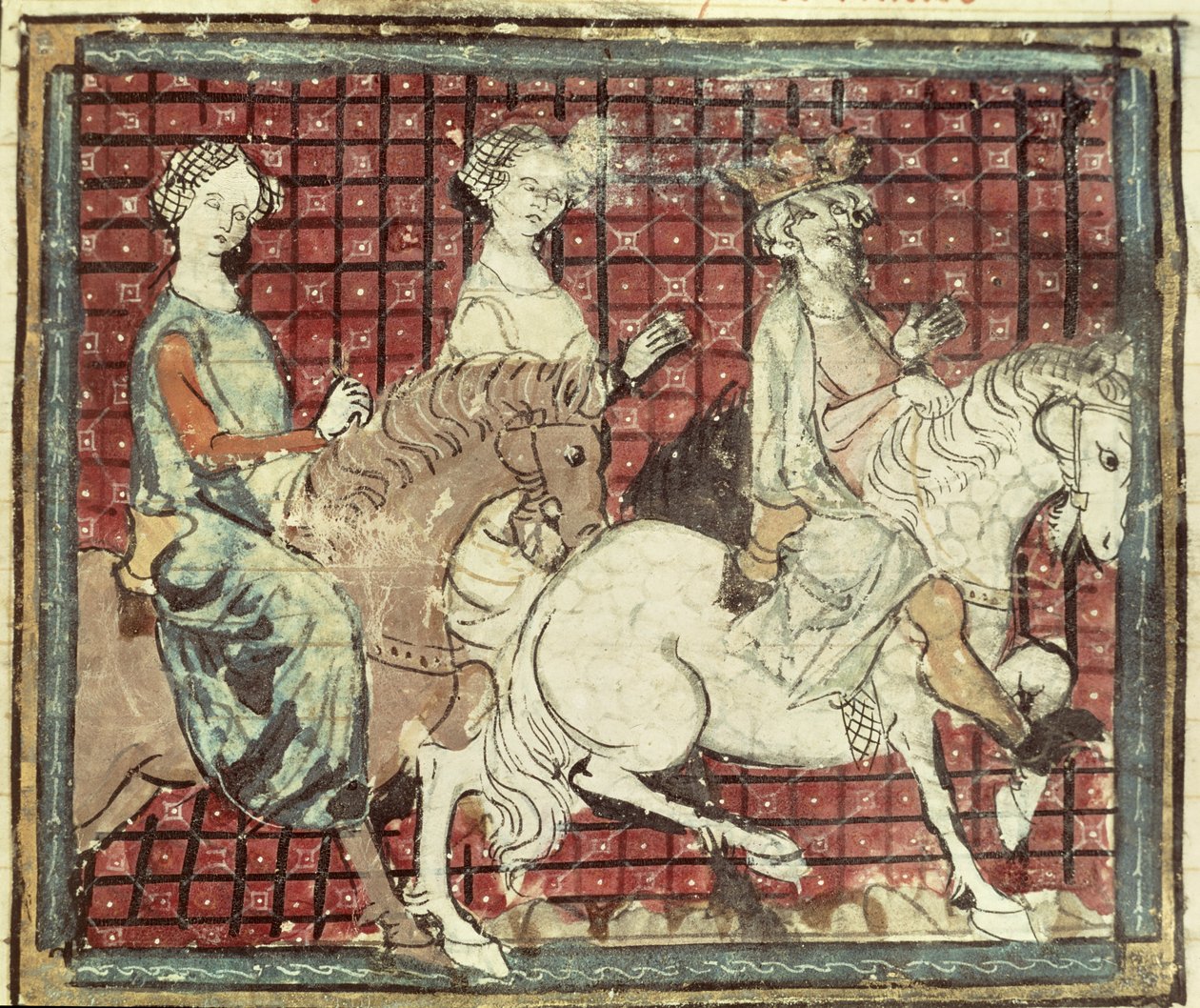 Fol.31r Chilperic I（543-97）およびFredegonde on Horseback、Grandes Chroniques de France、1375-79 作： フランス語学校
