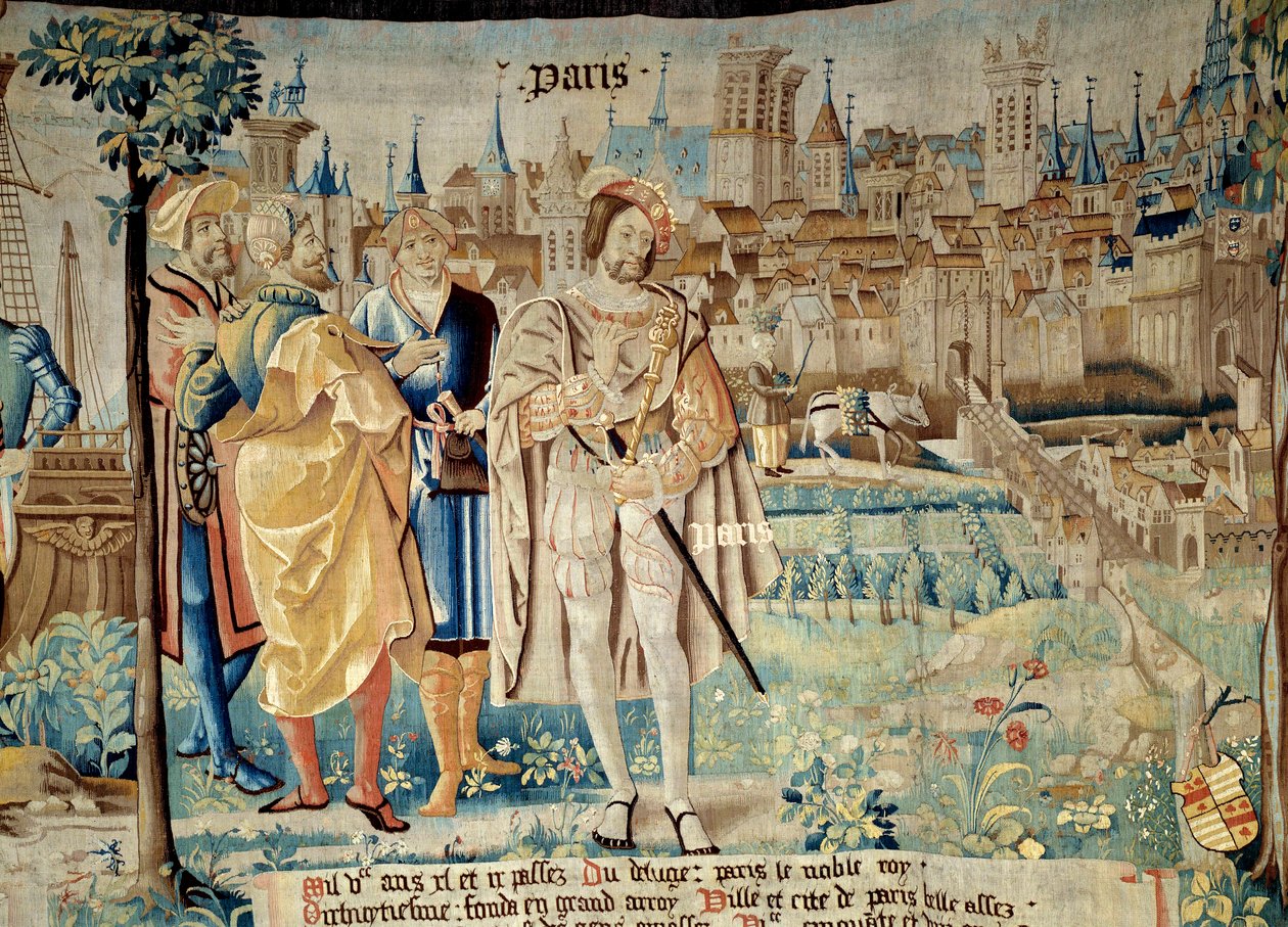 パリ市立大学の財団フランソワ1世（1494-1547）は、1527年に捕虜生活から戻った際、パリに恒久的な首都を置くことを決定しました。アラスの工房で作られた「ガウルス人の素晴らしい歴史」のタペストリー。1530年 ボーヴェ、デプトム 作： フランス語学校