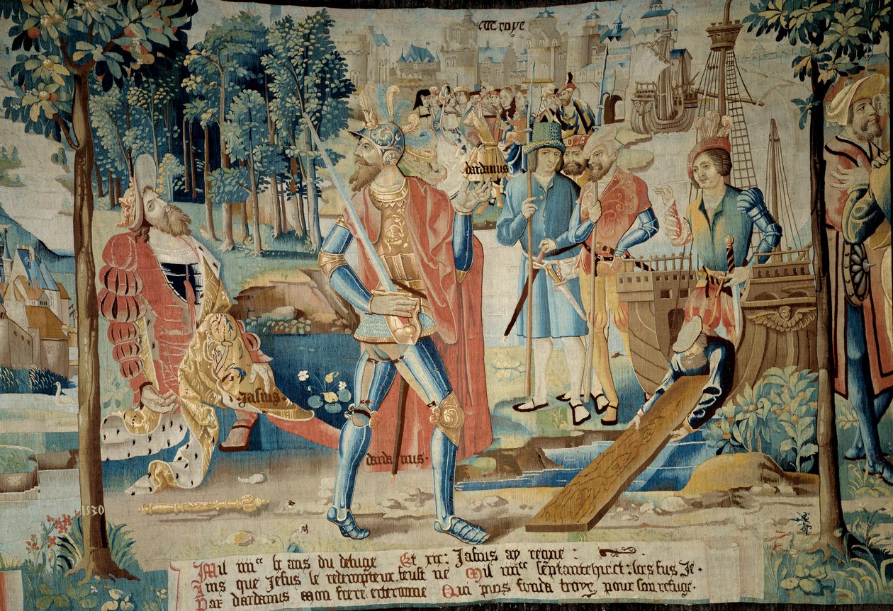 Gründung der Stadt Troyes. König Jasius wird von seinem Bruder Dardanus getötet, der mit dem Boot flieht und Troyes (in der Champagne) gründet, dargestellt im Hintergrund. Wandteppich aus „Die fabelhafte Geschichte der Gallier“, hergestellt von der Werksta von French School