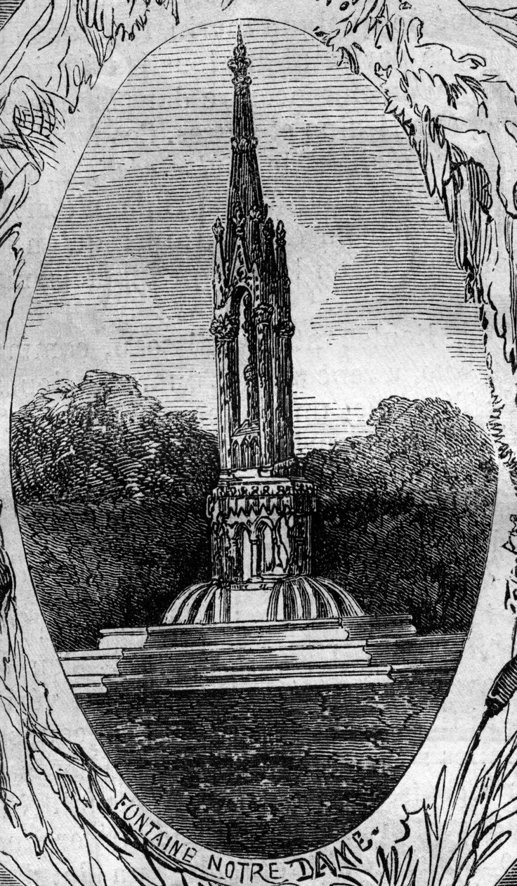 パリの噴水：聖母の泉（ノートルダムの泉）の眺め（1845年頃）。2月22日付「Le Monde Illustré」254号に掲載されたエングレーヴィング 作： フランス語学校