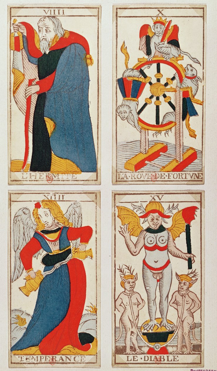 隠者、運命の輪、禁酒法、悪魔を描いた4枚のタロットカード（色の木版画） 作： フランス語学校