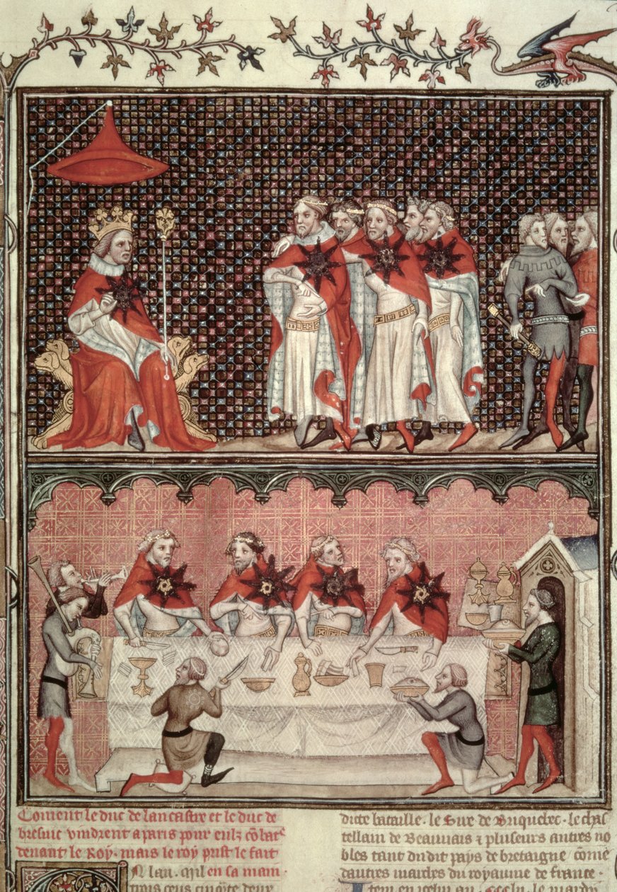 Fr 2813 fol.39ドーファンシャルル（1338-80）と三国の代理、Grandes Chroniques de France、1375-79 作： フランス語学校