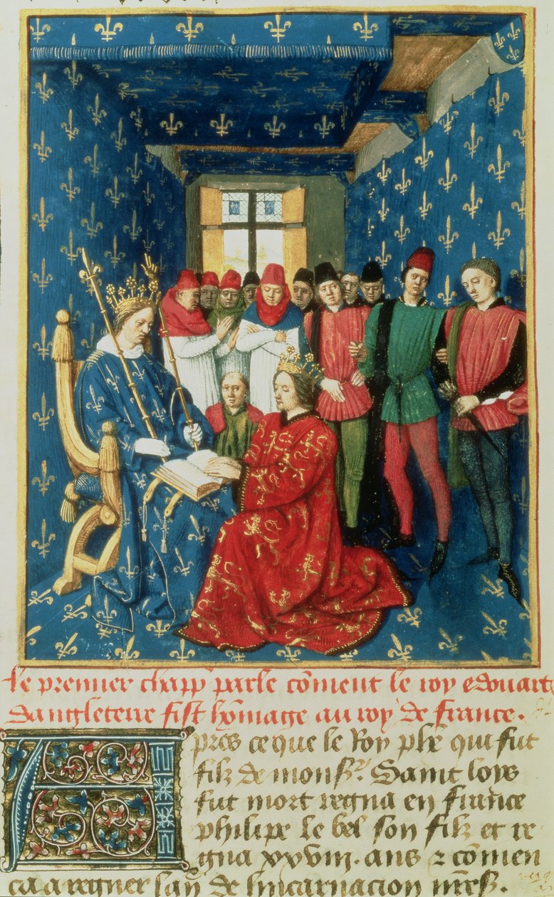 Fr 6465 fol.301vエドワード1世（1239-1307）は、アキテーヌ公国のためにフランス王フィリップIVルベル（1268-1314）に敬意を表します 作： フランス語学校