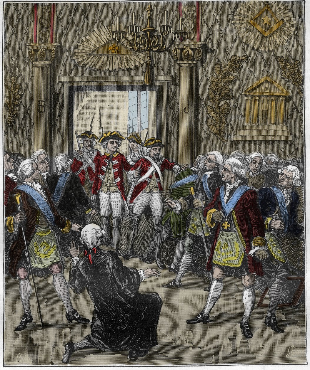 1745年6月、パリのホテル・ド・ソワソンで行われたフランコ・マコネリー（Franc-Maconnerie）：フランコ・マコンの儀式は警視総監の到着によって中断されている。Paris a travers les siecles", Gourdon de Kenouillac 1880に掲載されたエングレーヴィング。. 作： フランス語学校