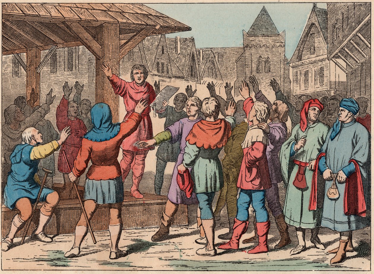 中世のフランス：コミューン - コミューン憲章 - 誓い - "Nos Gires Nationales - Images et recits "の19世紀末のエングレーヴィング 作： フランス語学校