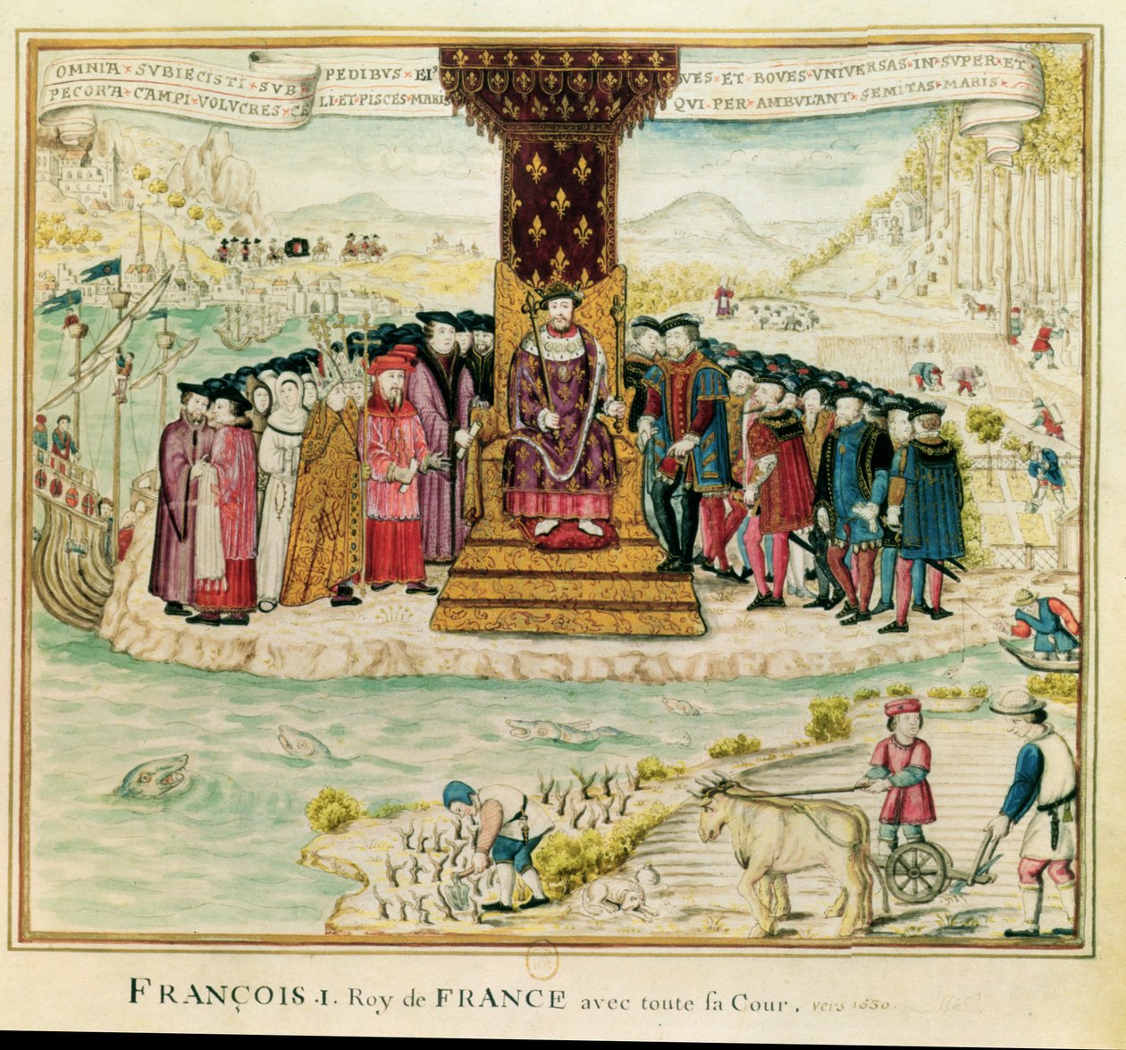 彼の法廷に囲まれたフランシスI（1494-1547）、1630年頃（紙にWC） 作： フランス語学校