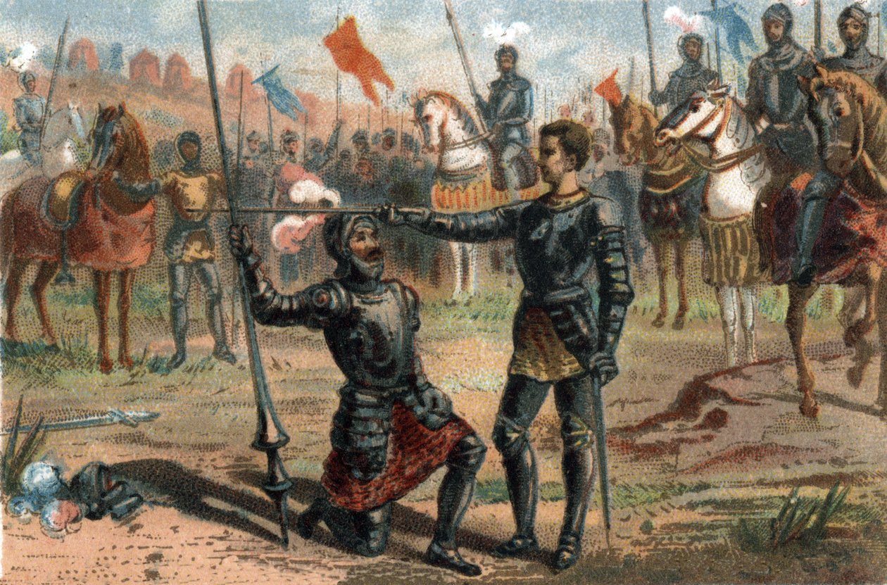 イタリア・マリニャーノの戦いで勝利し、シュヴァリエ・バヤールから騎士号を授与されることを要請するフランスのフランシス1世 作： フランス語学校