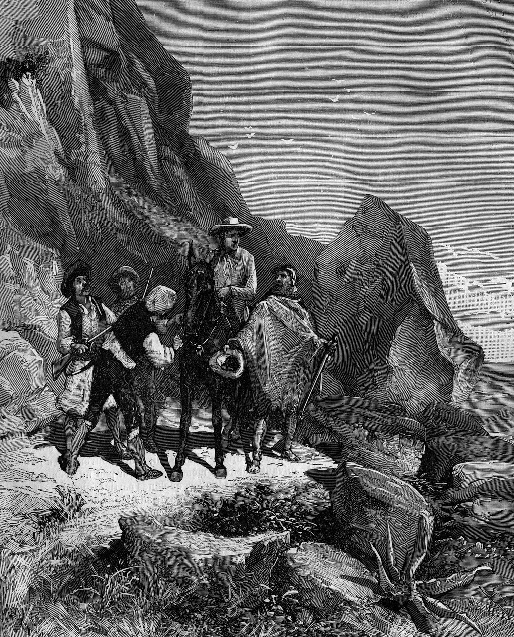 フランソワ・アラゴ（1786〜1853）は、1806年に子午線の測定を完成させるためにスペインに向かいましたが、ある晩、4人の盗賊に停泊させられました。 作： フランス語学校