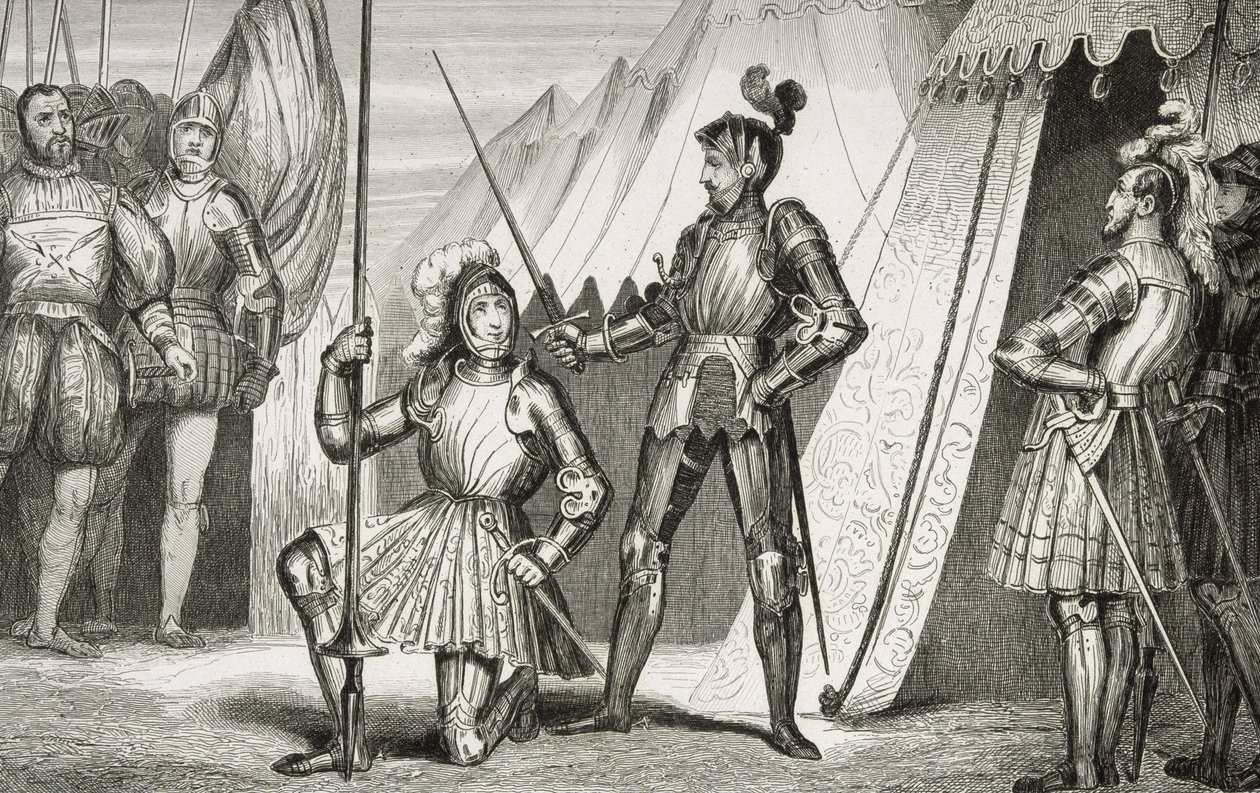 マリニャーノの戦いの後にベヤード大尉によって騎士に就任したフランソワ1世（1494〜1547年）、コラートの「フランスの歴史」から1840年頃 作： フランス語学校