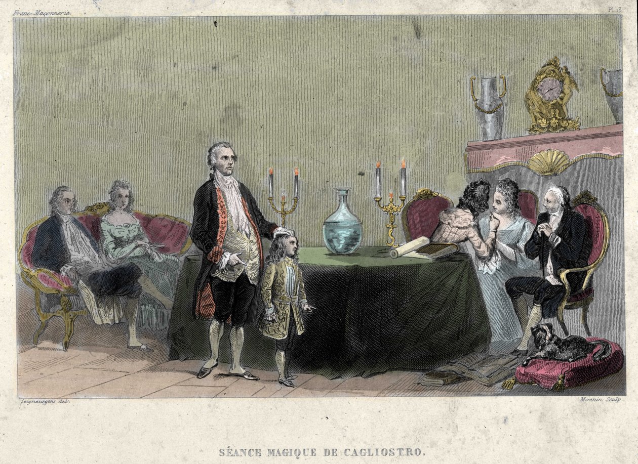 フリーメイキング。カリオストロ伯爵アレクサンダーことジュゼッペ・バルサモ（1743-1795）による魔術の降霊。F.-T. B. Clavelの "Picturesque Histoire de la Franc Maconnerie et des Societes Secretes antique et modernes "の中の一枚の版画。B．編集者：パグネール 作： フランス語学校