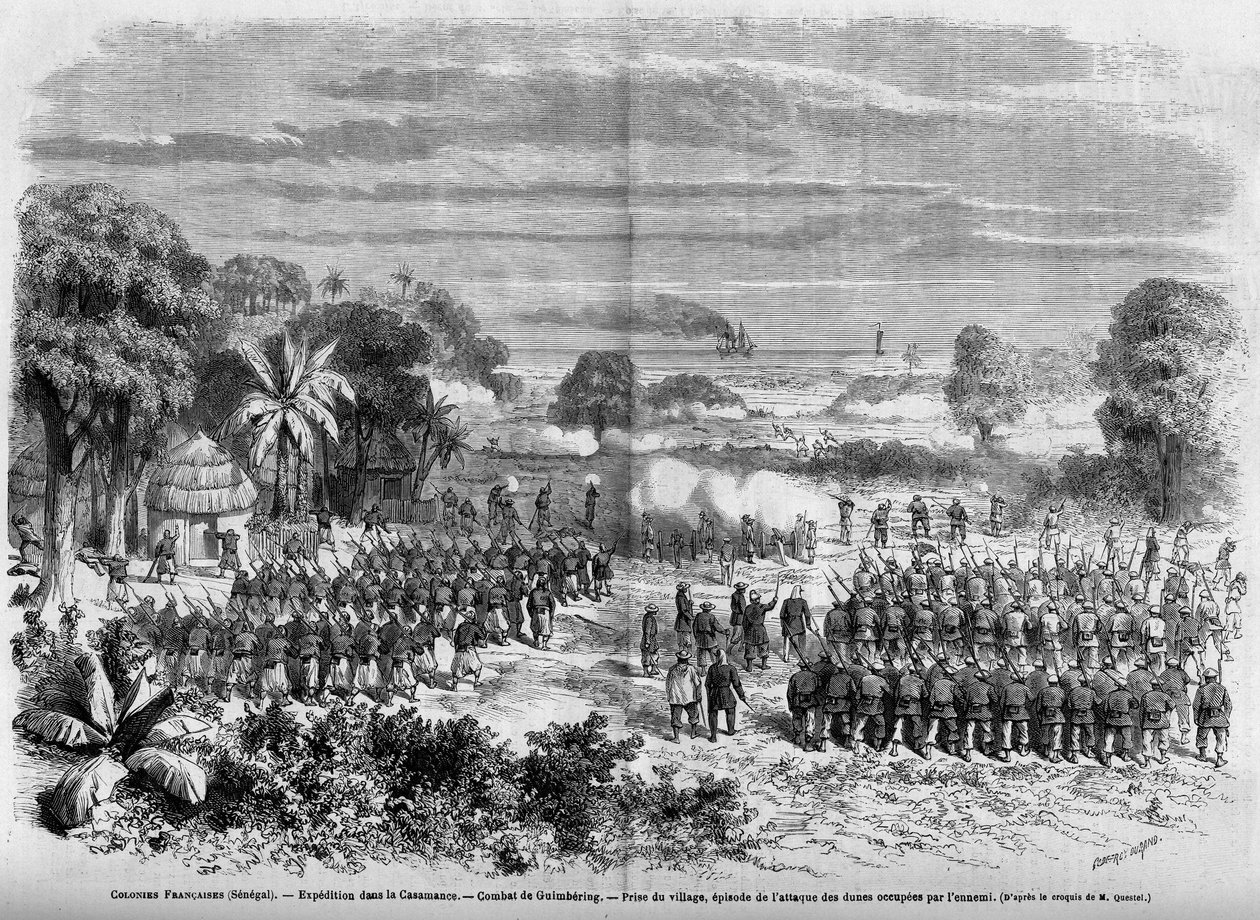 フランス植民地（セネガル）1865年。カサマンスでの遠征。ギムベリンの戦い、村の占領、敵が占領している砂丘への攻撃のエピソード。 作： フランス語学校
