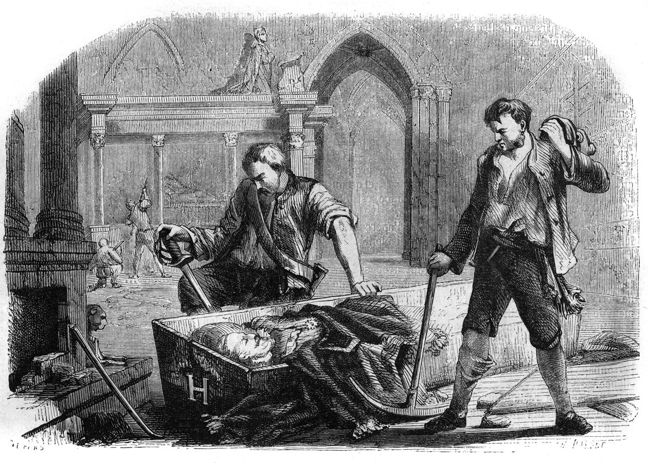フランス革命（コンヴェンション）：1793年、サン・ドニ教会の王家の墓を冒涜した際に開かれたアンリ4世（1553-1610）の棺。1860年のエングレーヴィング。 作： フランス語学校