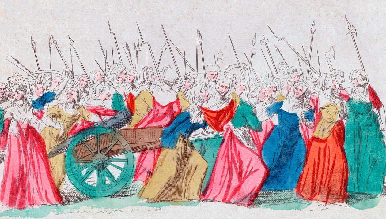 フランス革命。"A Versailles, a Versailles" La marche des femmes sur Versailles 5/10/1789（ヴェルサイユ宮殿への女性たちの行進、パリ、1789年10月5日 作： フランス語学校