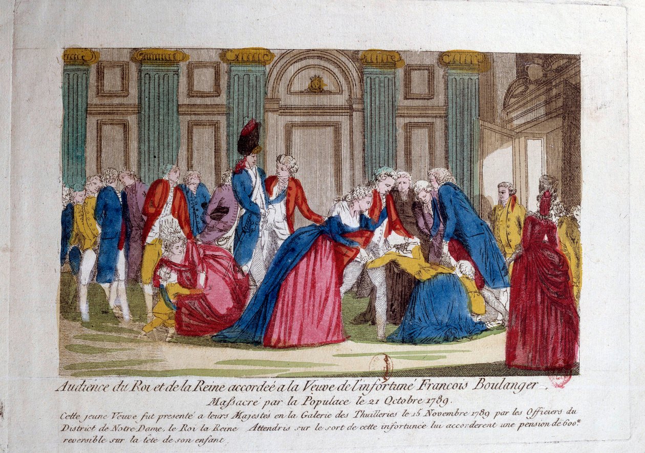 フランス革命"1789年11月15日のルイ16世とマリー・アントワネットの謁見は、1789年10月21日に民衆によって虐殺されたフランソワ・ブーランジェの未亡人に与えられた" 18世紀のエングレーヴィング。パリ、アーセナル図書館 作： フランス語学校