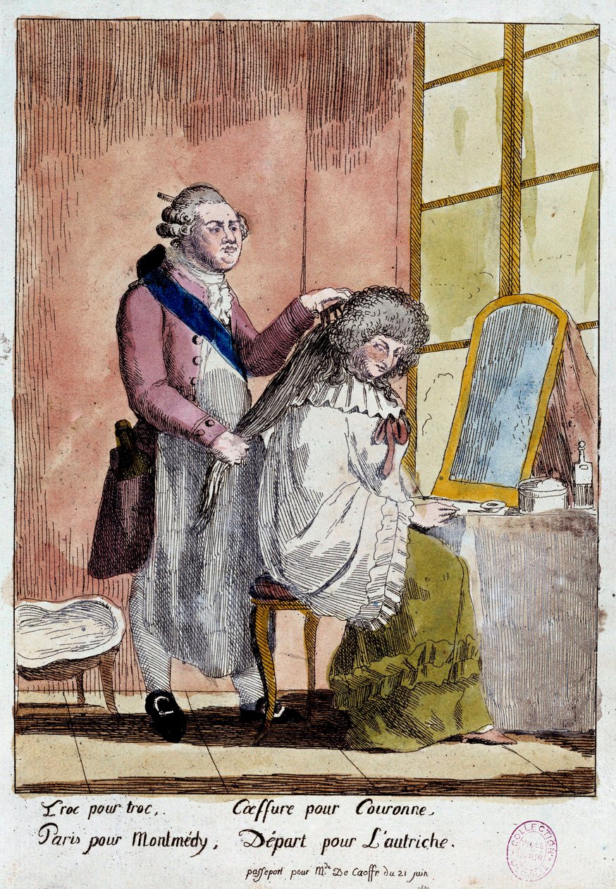 フランス革命：1791年6月20日と21日にヴァレンヌに向かった王家の逃亡を描いた漫画：国王ルイ16世と王妃マリー・アントワネットは、コルフ男爵夫人の子供たちの家庭教師という偽のパスポートで出発することになっていた。匿名コロ 作： フランス語学校