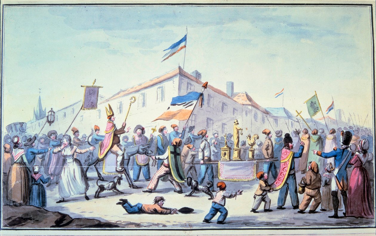 フランス革命。"民衆の形成されたマスカレードは司祭の服を着ている"。匿名の水彩画。1793.パリ、L